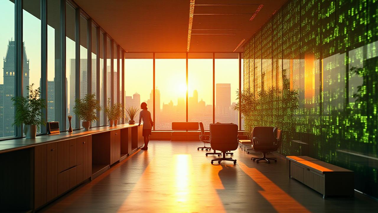 A modern London office space with abstract digital overlays representing scalable AI architecture